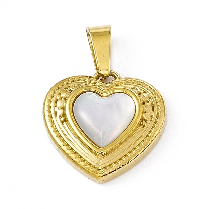 Natural Shell Pendants, Heart Charms, with Vacuum Plating 304 Stainless Steel Findings