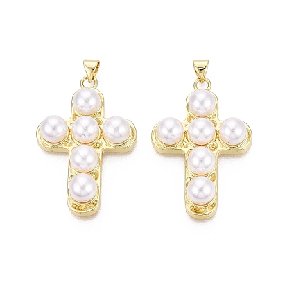 Brass & ABS Plastic Pearl Pendants, Cross Charms