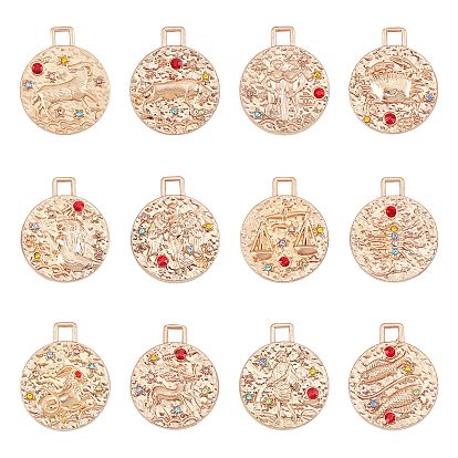 12Pcs 12 Constellations Alloy Colorful Rhinestone Pendants, Twelve Constellations Series, Flat Round