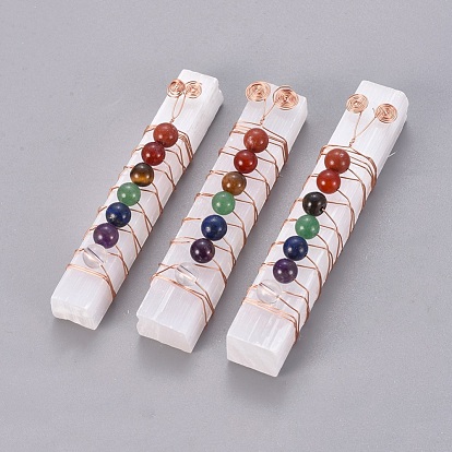Chakra Jewelry, Natural Selenite Home Decorations, Energy Wands, for Meditation Yoga and Balancing, with Brass Wire Wrapped and Natural Gemstone Round Beads, Rectangle