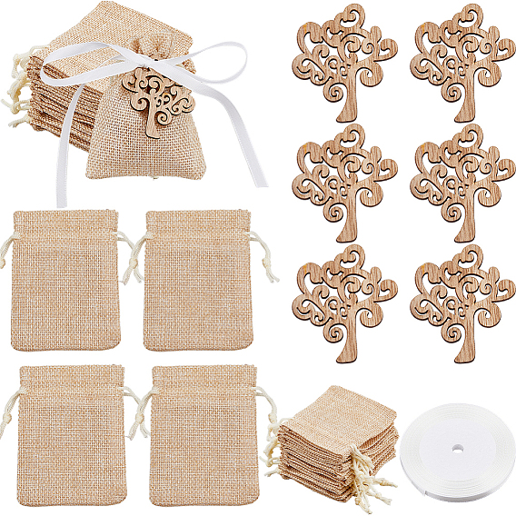 36шт деревянные кабошоны, вырезанные лазером деревянные формы, древо жизни, с 36шт. мешочков с завязками и 1рулоном односторонней атласной ленты