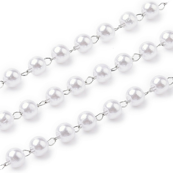 АБС искусственный жемчуг круглые бусины цепи, с 304 фурнитурой из нержавеющей стали, несварные, с катушкой