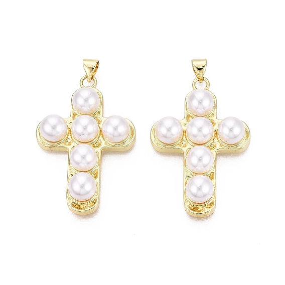 Brass & ABS Plastic Pearl Pendants, Cross Charms