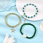 3Pcs 3 Styles Ocean Glass Beaded Stretch Bracelet Sets, Alloy Rhinestone Enamel Shell Shape & 304 Stainless Steel Starfish Charm Bracelets, Golden