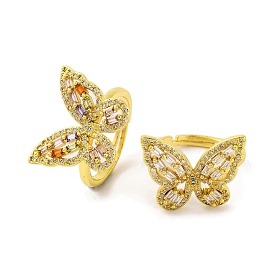 Butterfly Brass Micro Pave Cubic Zirconia Adjustable Rings for Women, Real 18K Gold Plated