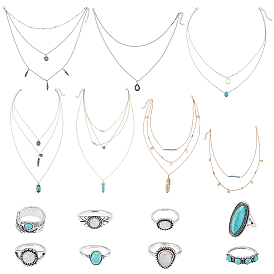 15шт. 15 овальные, каплевидные и перьевые подвески из синтетической бирюзы, многослойные ожерелья и кольца, набор ретро ювелирных изделий из сплава для женщин