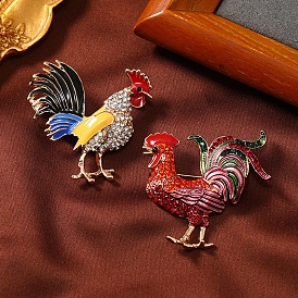Enamel Pins, Golden Alloy Rhinestone Brooches for Backpack Clothes, Rooster