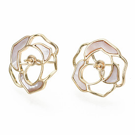 Brass Stud Earring Findings, for Half Drilled Beads, with Freshwater Shell, Nickel Free, Leaf
