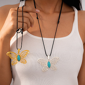 Длинные ожерелья из сплава с синтетической бирюзой в виде полой бабочки, черный вощеный шнур, для женщин