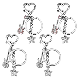 4 шт. 2 брелок-подвеска в виде гитары из цветного сплава со стразами и акриловой звездой, с железным кольцом для ключей и застежками в форме сердца