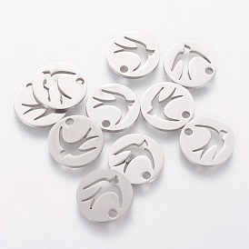 201 Stainless Steel Charms, Flat Round with Swallow