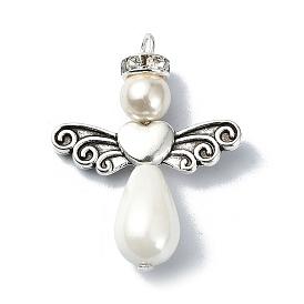 Shell Pearl Pendants with Tibetan Style Alloy Wings, Angel Charms