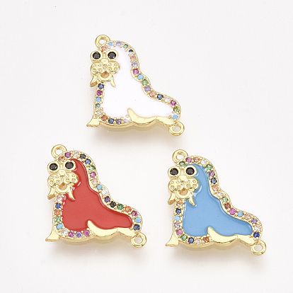 Brass Micro Pave Cubic Zirconia Links, with Enamel, Sea Lion, Golden