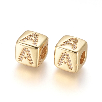 Brass Micro Pave Cubic Zirconia European Beads, Horizontal Hole, Large Hole Beads, Long-Lasting Plated, Cube with Letter