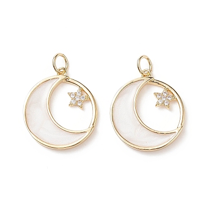 Rack Plating Brass Micro Pave Clear Cubic Zirconia Pendants, with Jump Ring, Long-Lasting Plated, Flat Round with Star & Moon