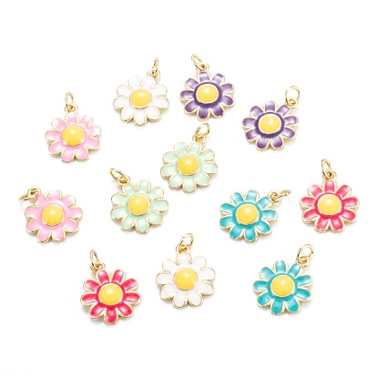 Brass Enamel Pendants, Cadmium Free & Lead Free, Real 18K Gold Plated, Long-Lasting Plated, Flower