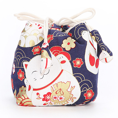 Chinese Style Printed Cotton Packing Pouches Drawstring Bags, Square
