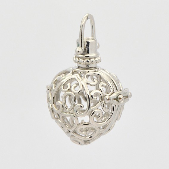 Filigree Heart Brass Cage Pendants, For Chime Ball Pendant Necklaces Making, 35mm, 29x25x20mm, Hole: 6x6mm