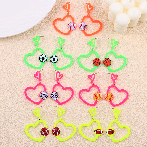 Акриловые серьги-подвески на спортивную тематику, сердце