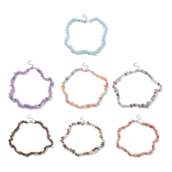 Gemstone Chips Beaded Necklaces, with 304 Stainless Steel Chain Extender