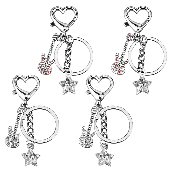 4 шт. 2 брелок-подвеска в виде гитары из цветного сплава со стразами и акриловой звездой, с железным кольцом для ключей и застежками в форме сердца
