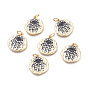 Brass Micro Pave Cubic Zirconia Pendants, with Jump Rings, Long-Lasting Plated, Cadmium Free & Lead Free & Nickel Free, for Religion, Hammered, Flat Round with Hamsa Hand/Hand of Fatima /Hand of Miriam, Clear