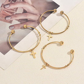 201 Stainless Steel Religion Cross Charm Open Cuff Torque Bangles for Women