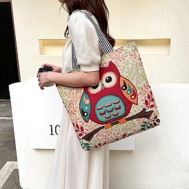 Cartoon Owl Pattern Canvas Women's Tote Bags, Shoulder Bags for Shopping, Rectangle