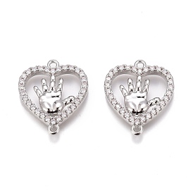 Brass Micro Pave Clear Cubic Zirconia Pendants, Long-Lasting Plated, Heart with Hand