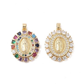 Brass Cubic Zirconia Pendants, Long-Lasting Plated, Oval with Holy Virgin Charms, Golden