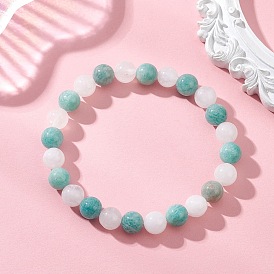 Эластичные браслеты из натурального амазонита и белого нефрита для женщин., круглые