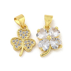 Rack Plating Brass Pave Cubic Zirconia Charms, Cadmium Free & Lead Free, Long-Lasting Plated, Clover