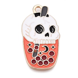 Halloween Alloy Enamel Pendants, Light Gold, Boba Tea with Skull Charm