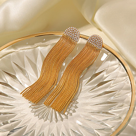 Geometric Long Chain Tassel Earrings with Minimalist Rhinestone Design for Women's Statement Jewelry