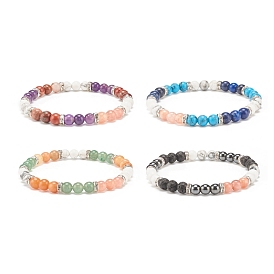 Bracelet perles rondes en howlite naturelle, avec des perles de strass en laiton et des pierres précieuses naturelles et synthétiques