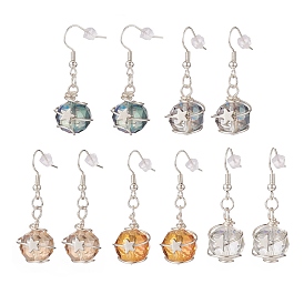 Glass Round with Star Dangle Earrings, Silver Brass Wire Wrap Drop Earrings for Women