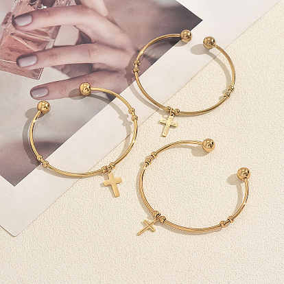 201 Stainless Steel Religion Cross Charm Open Cuff Torque Bangles for Women