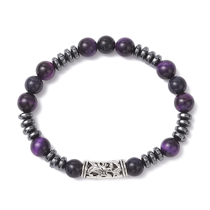 Женские эластичные браслеты из синтетического синего авантюрина, натурального тигрового глаза и немагнитного синтетического гематита, с бусинками из тибетского сплава