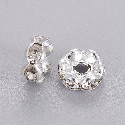 Brass Rhinestone Spacer Beads, Grade A, Rondelle, Silver Color Plated