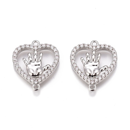 Brass Micro Pave Clear Cubic Zirconia Pendants, Long-Lasting Plated, Heart with Hand