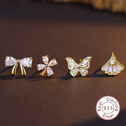 4 шт. 4 стиль 925 комплект серег-гвоздиков из стерлингового серебра, с четким кубического циркония, бабочка, цветок, лист и бантик