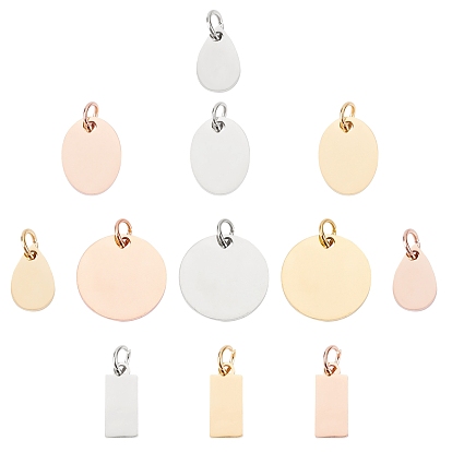 12Pcs 4 Style 3 Colors 201 Stainless Steel Stamping Blank Tag Charms, Mirror Polished Finish, Mixed Shapes