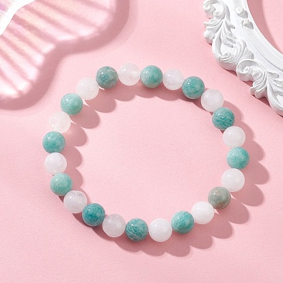Эластичные браслеты из натурального амазонита и белого нефрита для женщин., круглые
