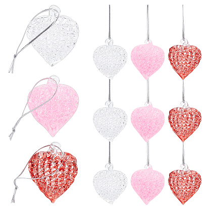 14Pcs 3 Styles Brushed Style Heart Glass Pendant, with Polyester Metallic Cord