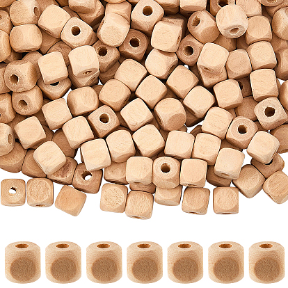 300Pcs Natural Wood Beads, Horizontal Hole, Cube, Lead Free