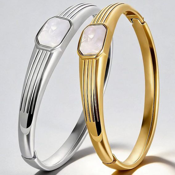 304 Stainless Steel Acrylic Rectangle Hinged Cuff Bangles for Women, White