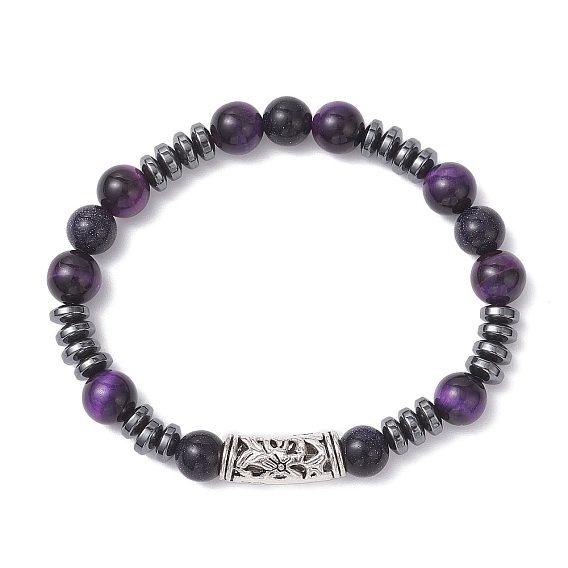 Женские эластичные браслеты из синтетического синего авантюрина, натурального тигрового глаза и немагнитного синтетического гематита, с бусинками из тибетского сплава