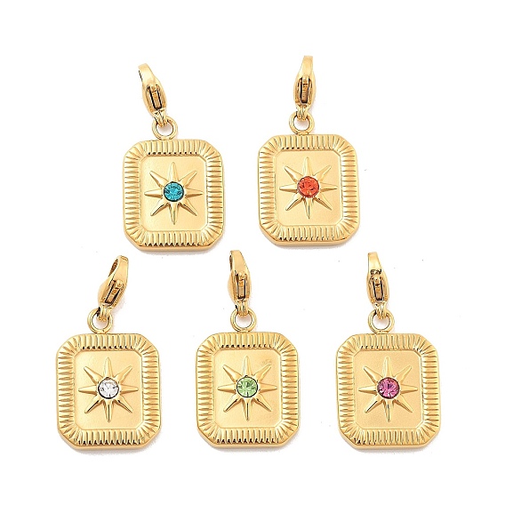 Прямоугольник со звездой 304 подвесные украшения из нержавеющей стали со стразами, украшения с застежкой в виде клешни лобстера, ионное покрытие (ip), реальный 14 k позолоченный