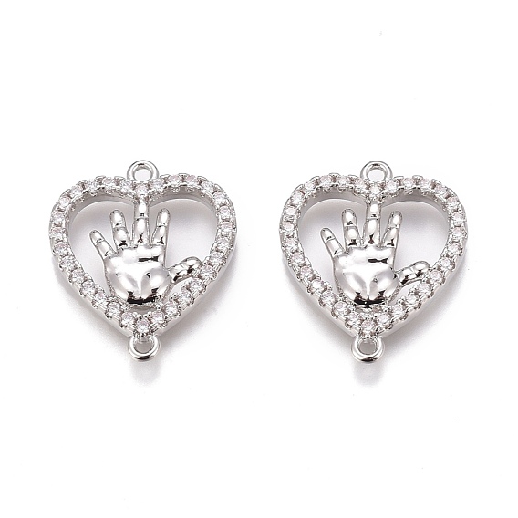 Brass Micro Pave Clear Cubic Zirconia Pendants, Long-Lasting Plated, Heart with Hand