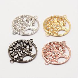 Brass Micro Pave Grade AAA Cubic Zirconia Links, Long-Lasting Plated, Tree of Life, Cadmium Free & Nickel Free & Lead Free